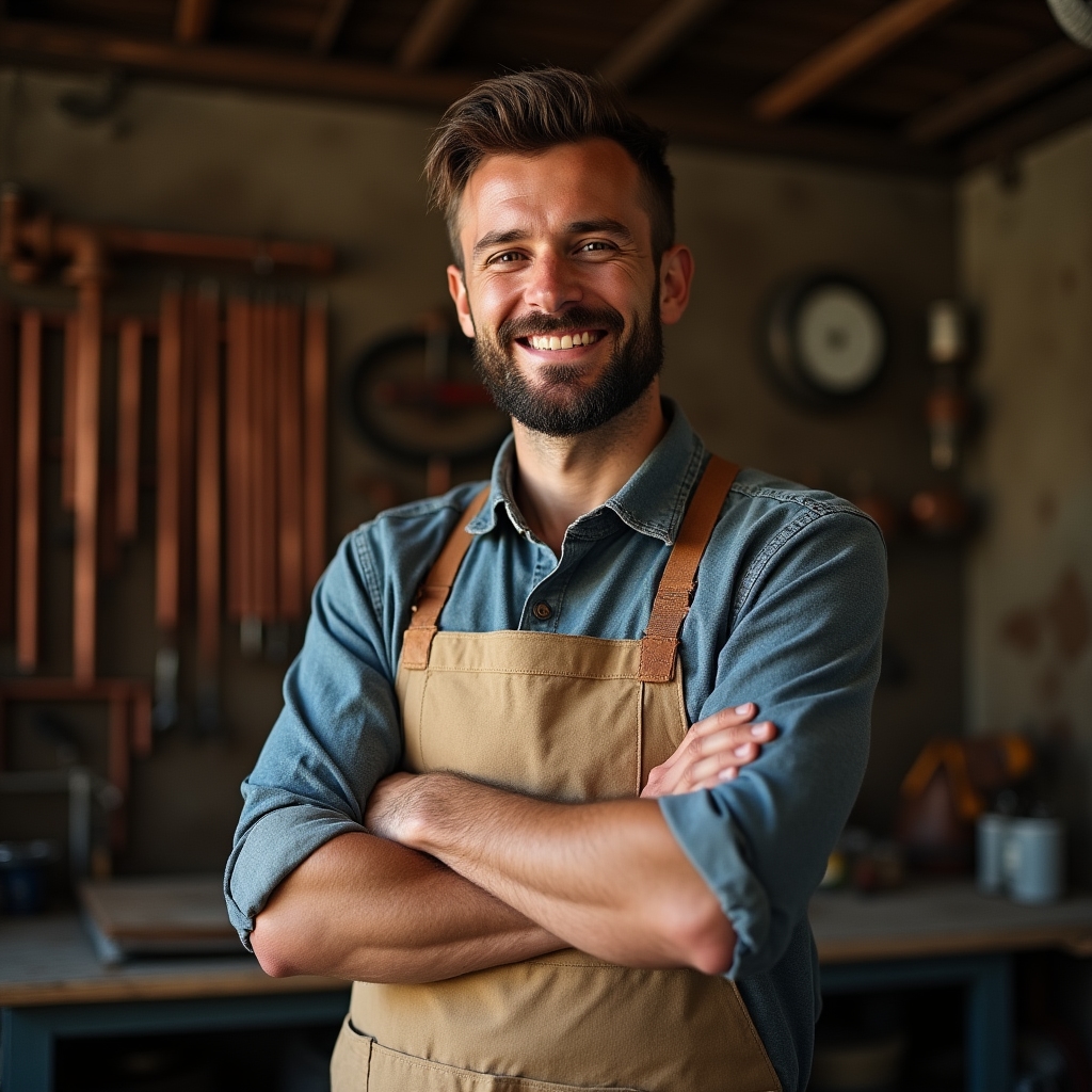 Portret al instructorului cursului, într-un atelier cu unelte de instalații sanitare